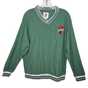 7 Eleven Pullover Windbreaker Jacket Green XL Embroidered Logo V Neck Athletic